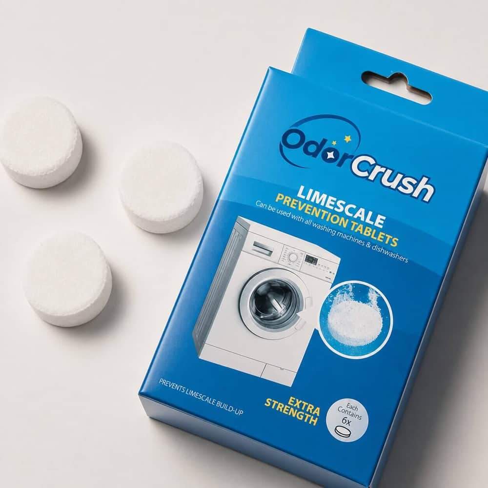 OdorCrush Washing Machine Cleaner package and tablets